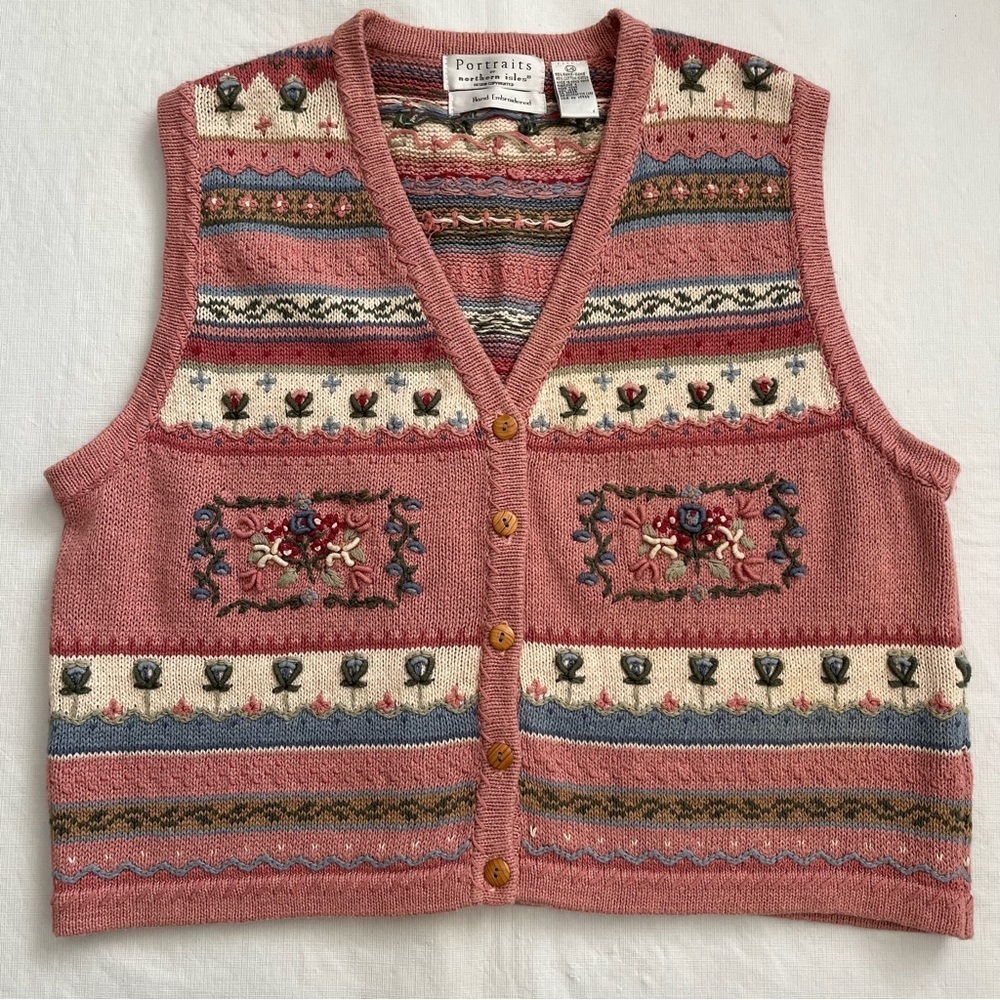 Vintage Hand Embroidered Floral Sweater Vest Grandma 90’s